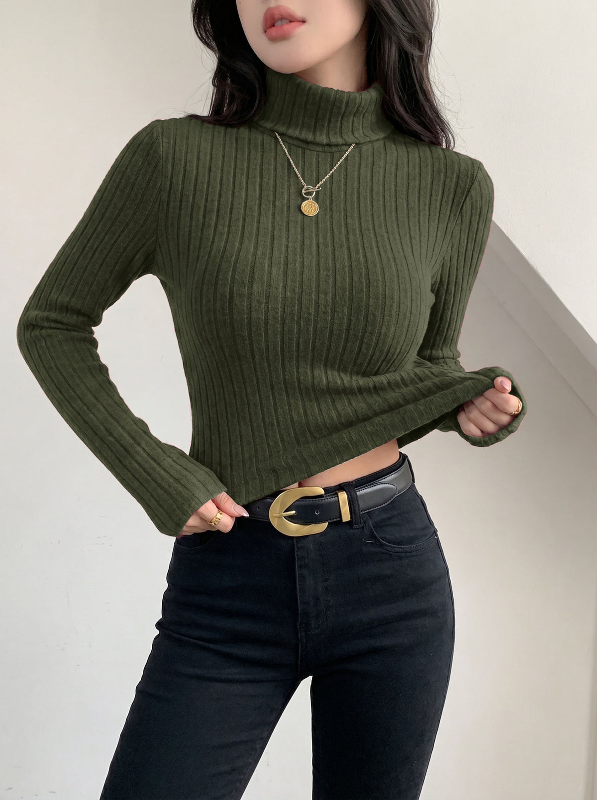 Women's Ribbed Turtleneck Long Sleeve Fitted Top