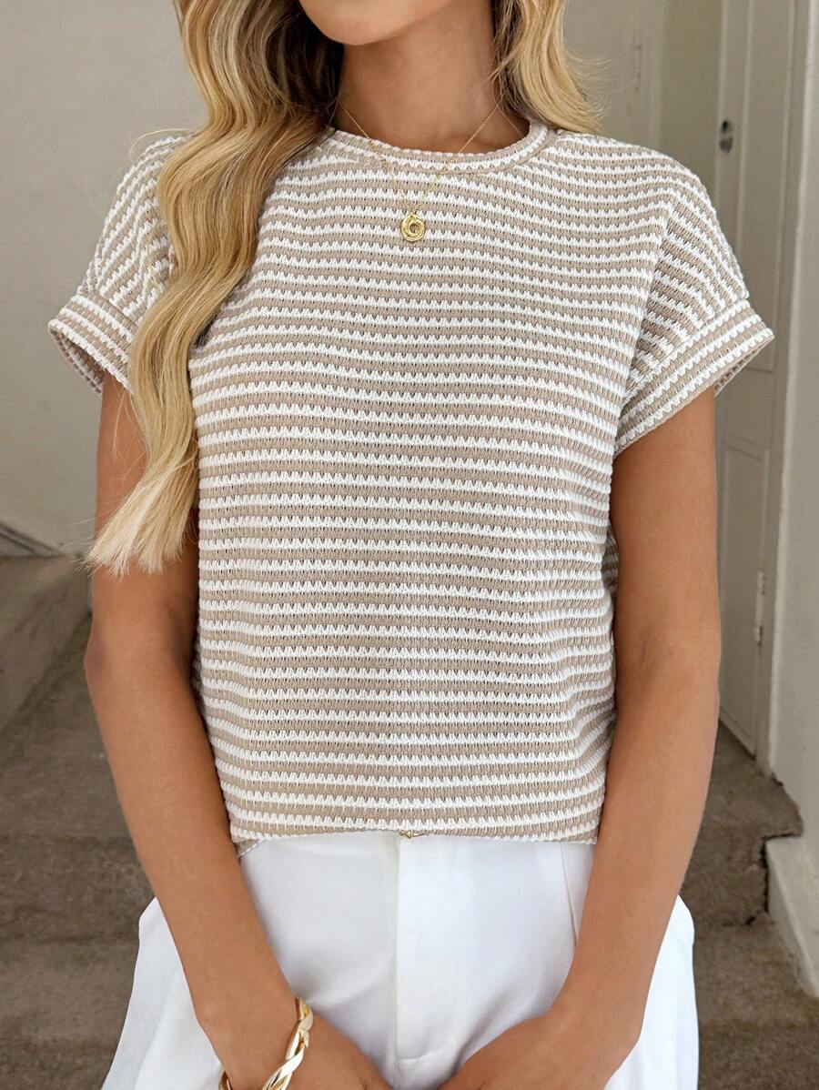 Striped Knit Sweater Crew Neck Short Sleeve Top
