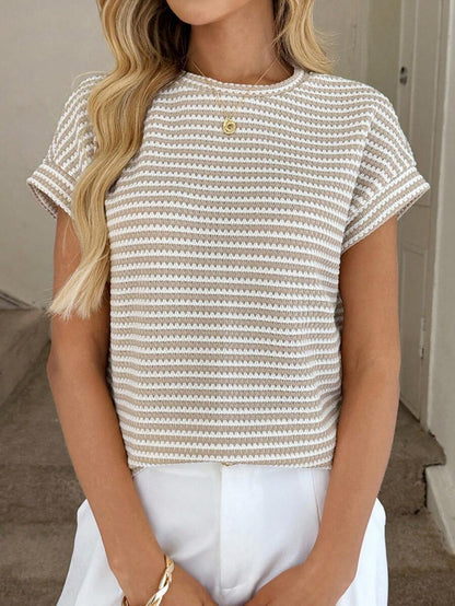 Striped Knit Sweater Crew Neck Short Sleeve Top