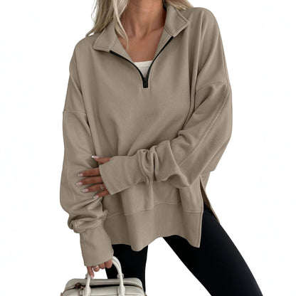 Women's Oversized Quarter Zip Sweatshirt Side Slit Pullover