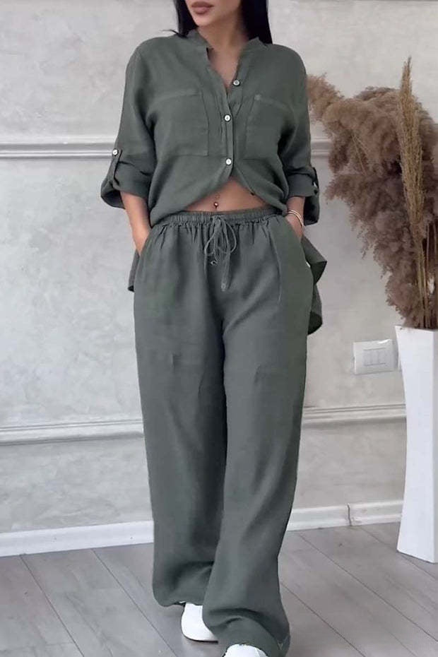 Cotton Linen 2 Piece Set Wide Leg Pants Button Shirt