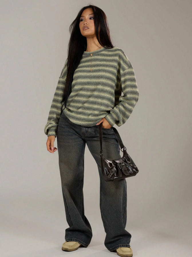 Oversized Striped Crewneck Sweater Casual Drop Shoulder Top