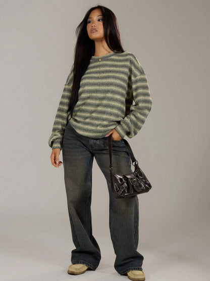 Oversized Striped Crewneck Sweater Casual Drop Shoulder Top