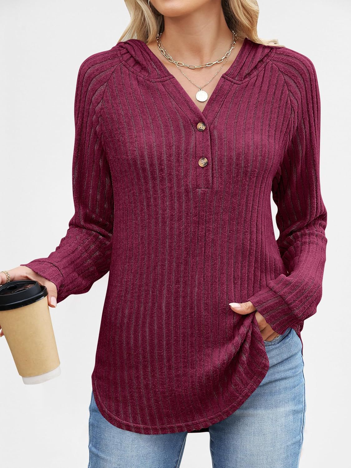 Women's Loose Hooded V Neck Button Ribbed Knit Sweater
