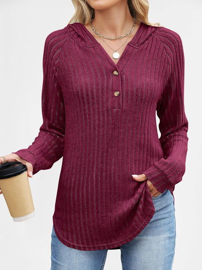 Women's Loose Hooded V Neck Button Ribbed Knit Sweater