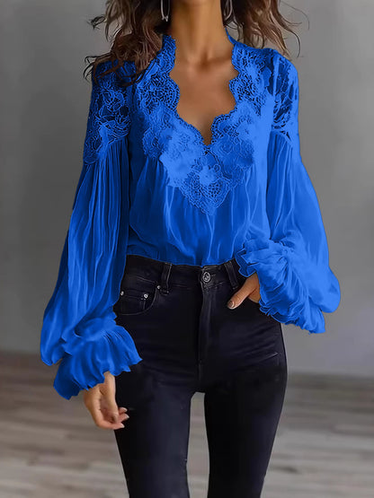 Embroidered Lace V Neck Balloon Sleeve Blouse