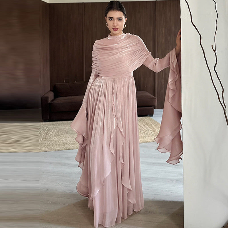 Women's Elegant Pleated Long Sleeve Maxi Dress