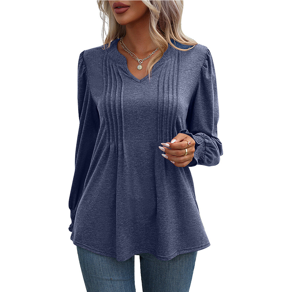 Long Sleeve V-Neck Top with Bubble Sleeves and Wrap Design