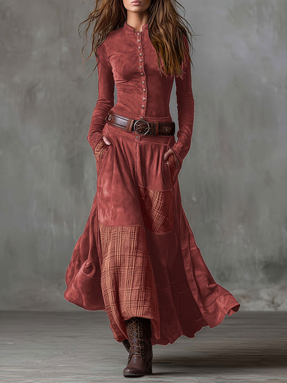 Suede Plaid Patchwork Maxi Dress Belted Pockets