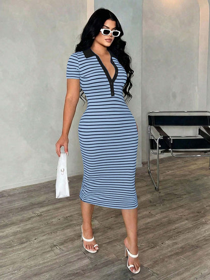 Polo Collar Stripe Bodycon Midi Dress Short Sleeve Casual