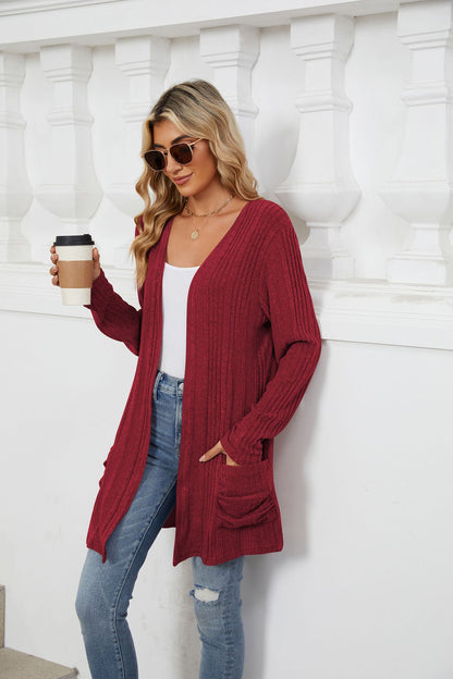 Women's Long Sleeve Ribbed Open Front Cardigan Pockets
