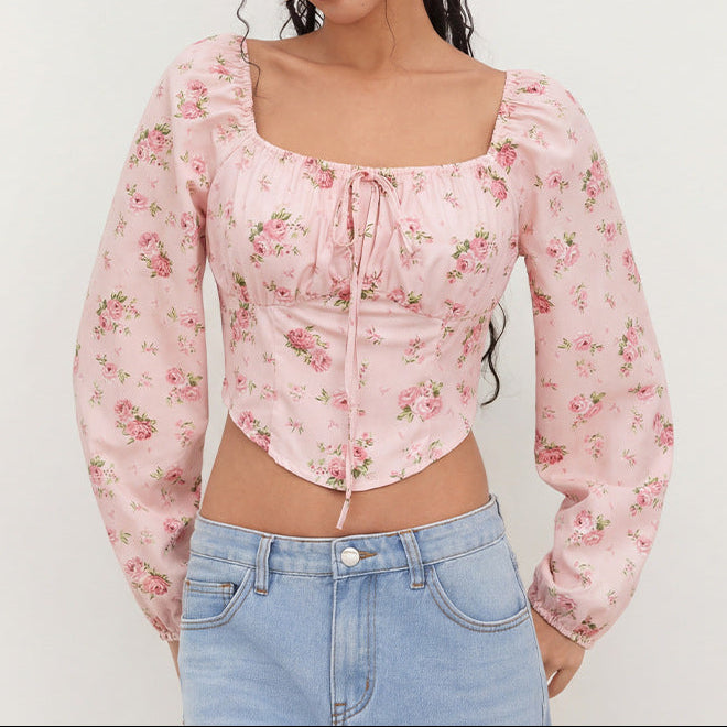 Pink Floral Square Neck Puff Sleeve Tie Front Crop Blouse