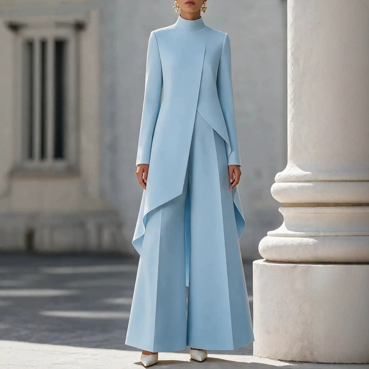 Women's Asymmetric Mock Neck Wide Leg Pants Two Piece Set