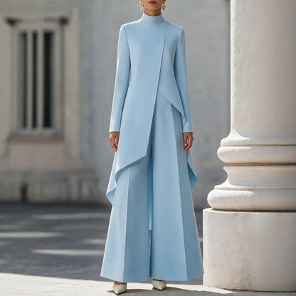 Women's Asymmetric Mock Neck Wide Leg Pants Two Piece Set