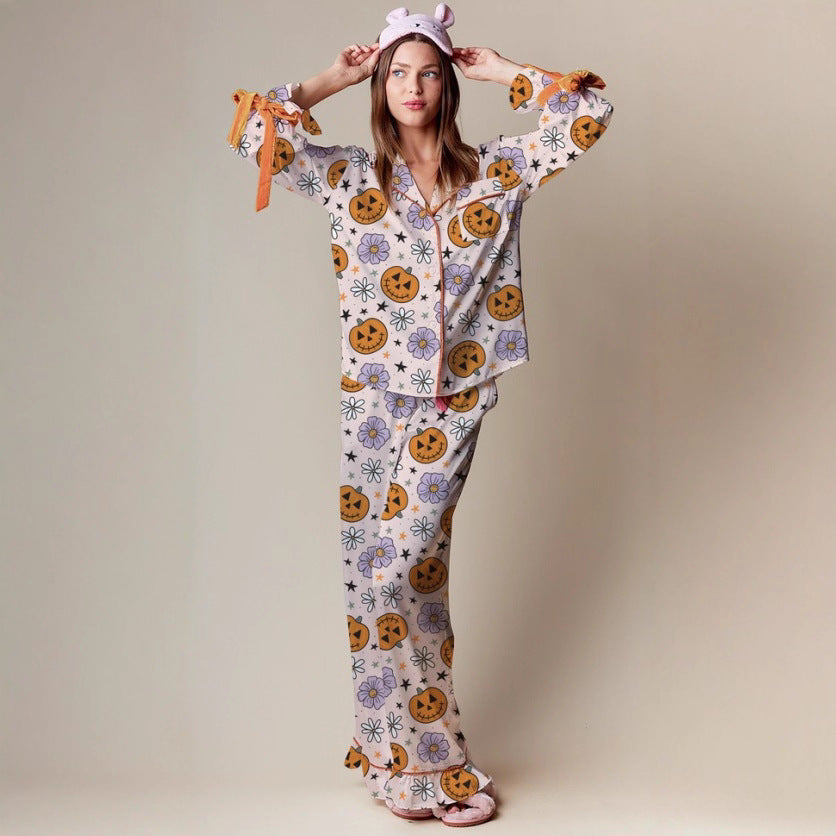 Women's Halloween Pumpkin Pajama Set Long Sleeve Pants