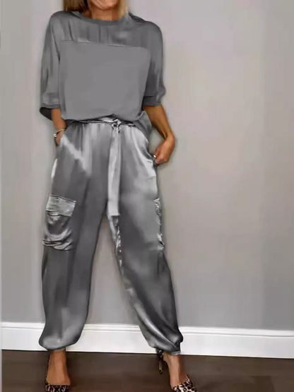 Women's Satin 2 Piece Set Half Sleeve Top Cargo Pants