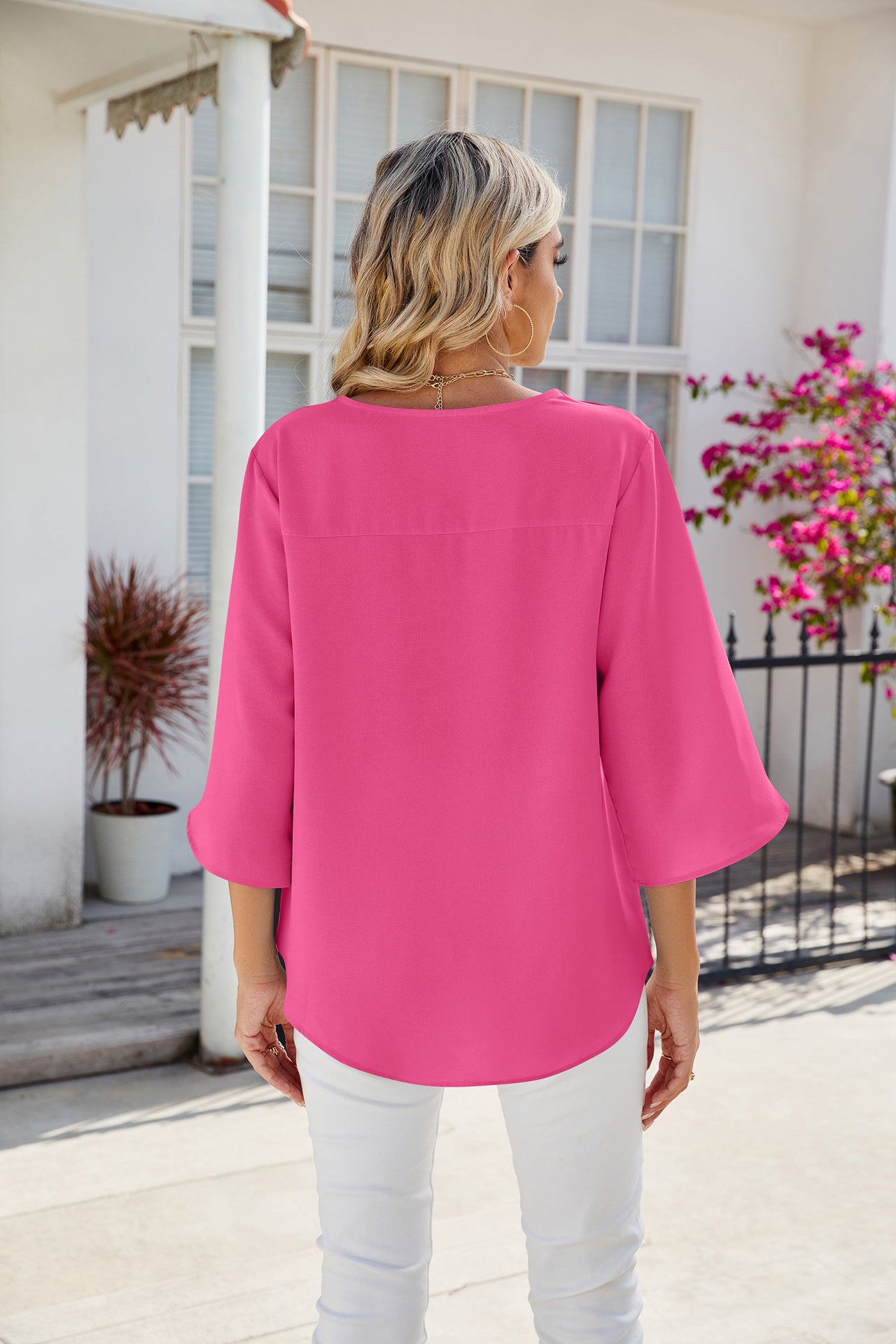 Solid Chiffon Blouse V Neck Loose Fit Custom Top