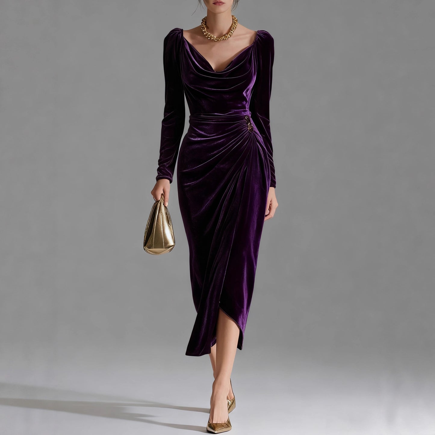 Sexy Velvet Ruched Long Sleeve Bodycon Midi Slit Dress