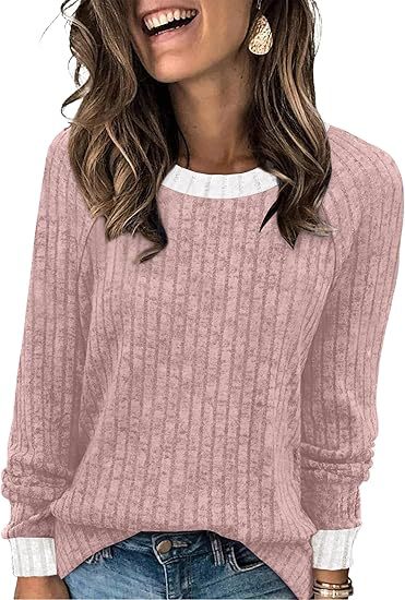 Women's Soft Ribbed Contrast Trim Long Sleeve Crew Neck Top