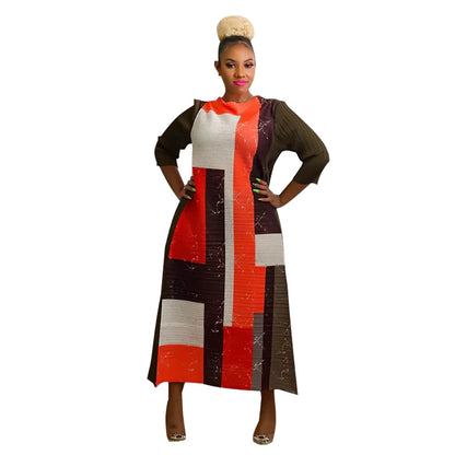 Women's Geometric Pleated Maxi Dress 3/4 Sleeve Colorful
