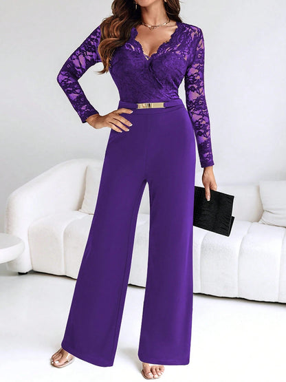 Lace Belted Flare Jumpsuit Long Sleeve Women
