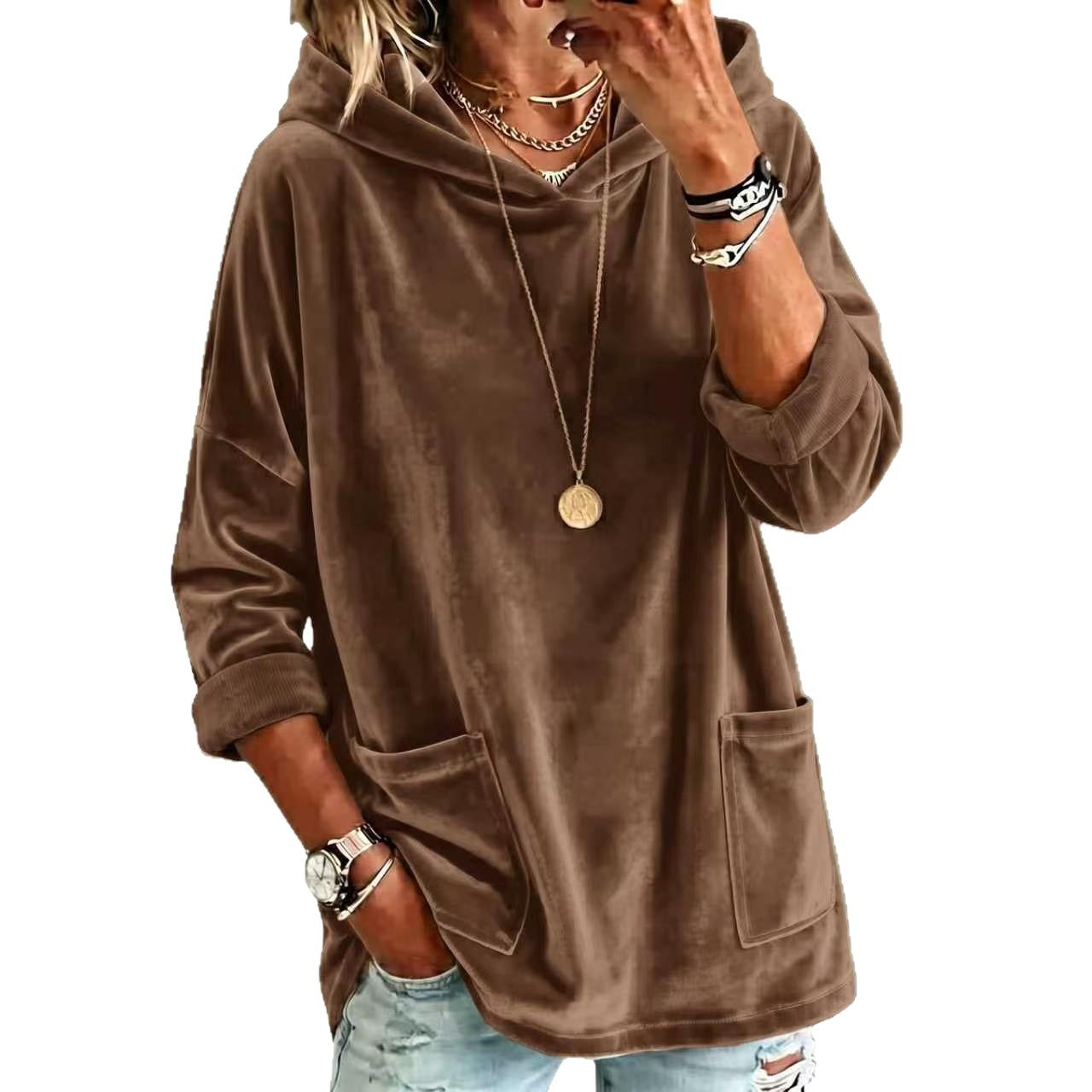 Women's Velvet Hoodie Batwing Sleeve Oversized Pullover