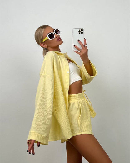 Womens Button Down Shirt and Shorts 2 Piece Set