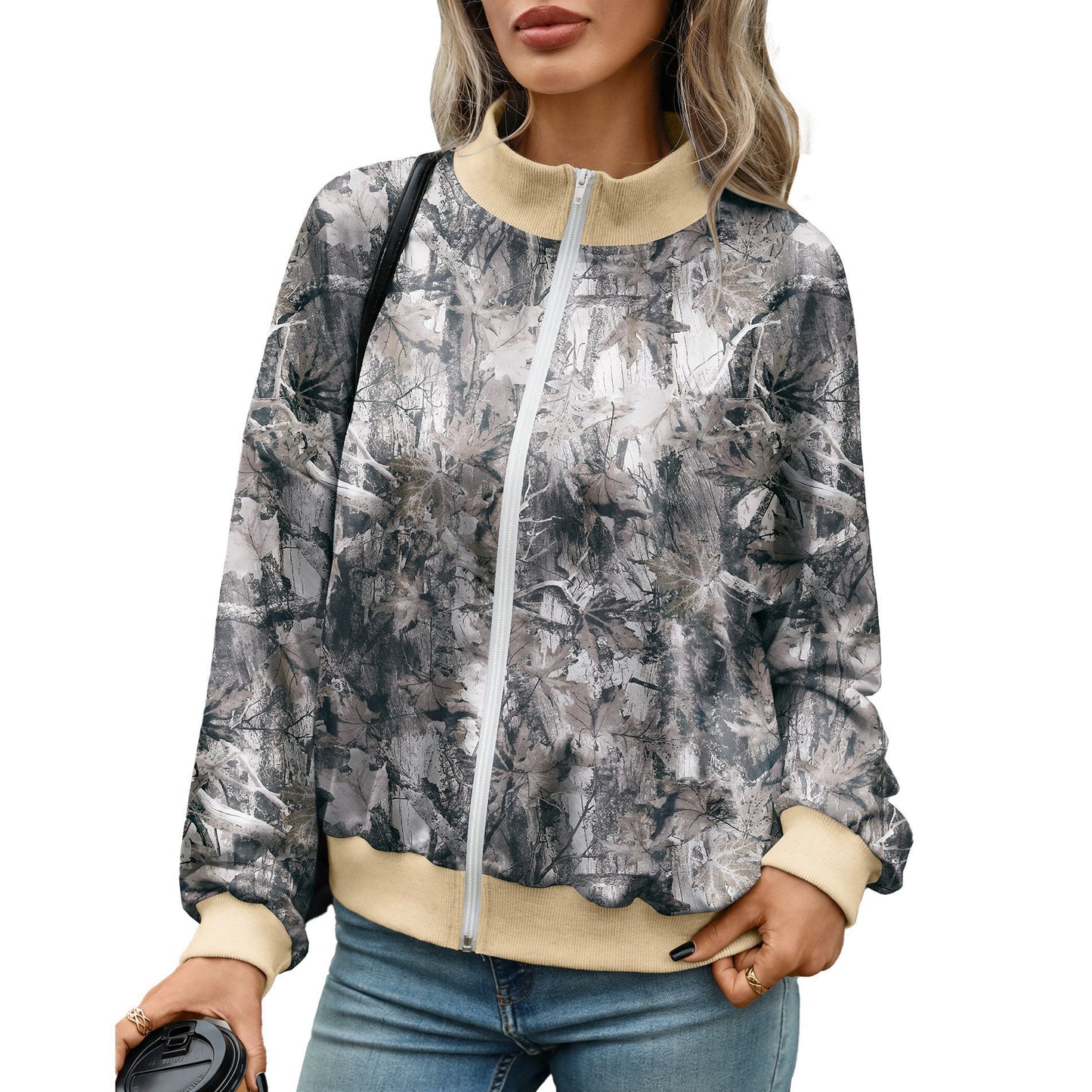 Women's Oversize Zip Up Printed Sweatshirt Mock Neck Ribbed