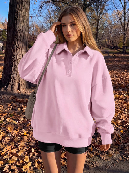 Polo Collar Fleece Pullover Relaxed Fit Sweatshirt