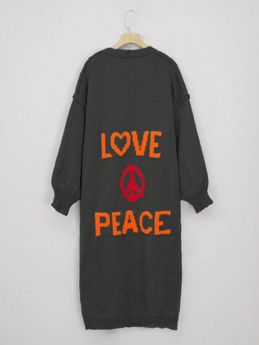 Oversized Open Front LOVE PEACE Maxi Knit Cardigan