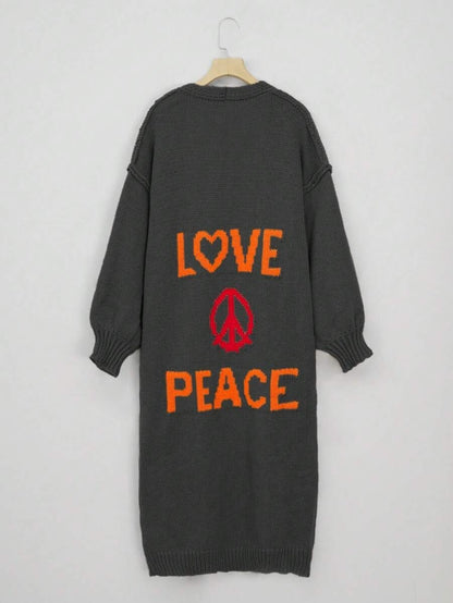 Oversized Open Front LOVE PEACE Maxi Knit Cardigan