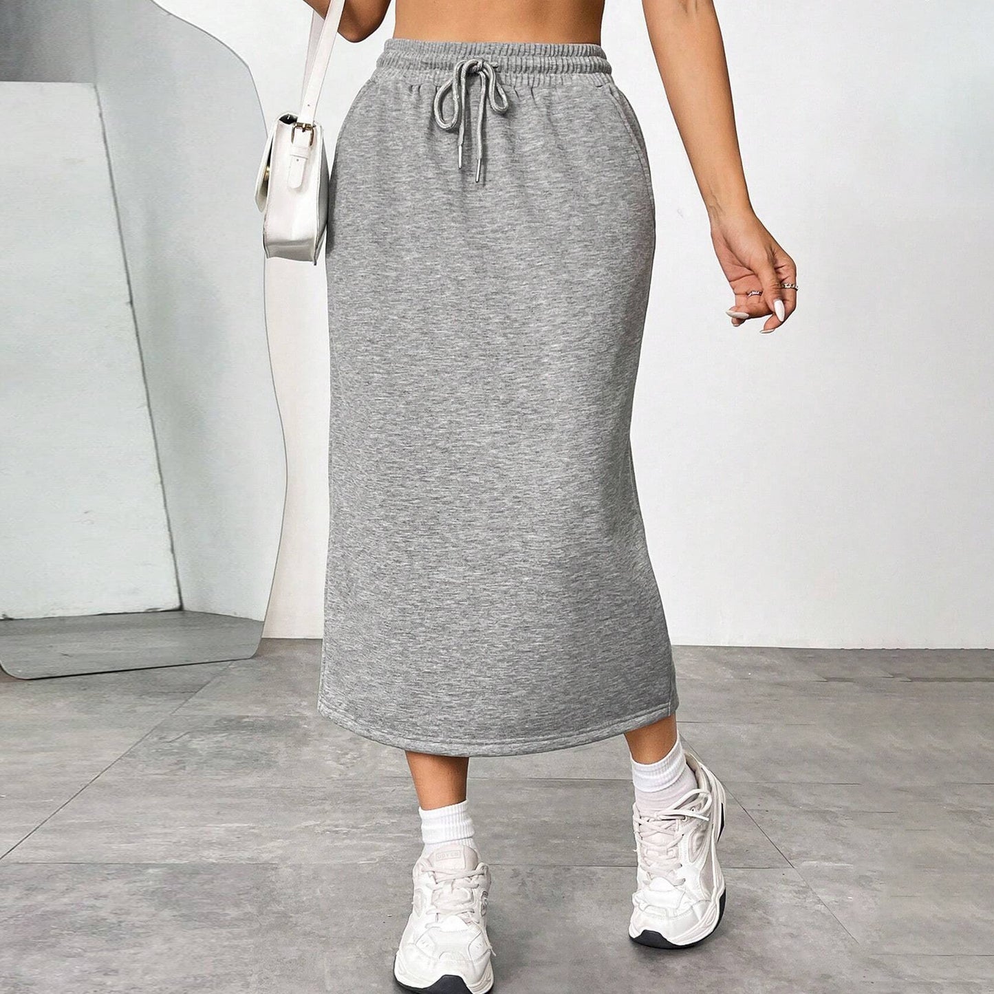 Solid Midi Skirt Drawstring Waist Pocket Slit Casual