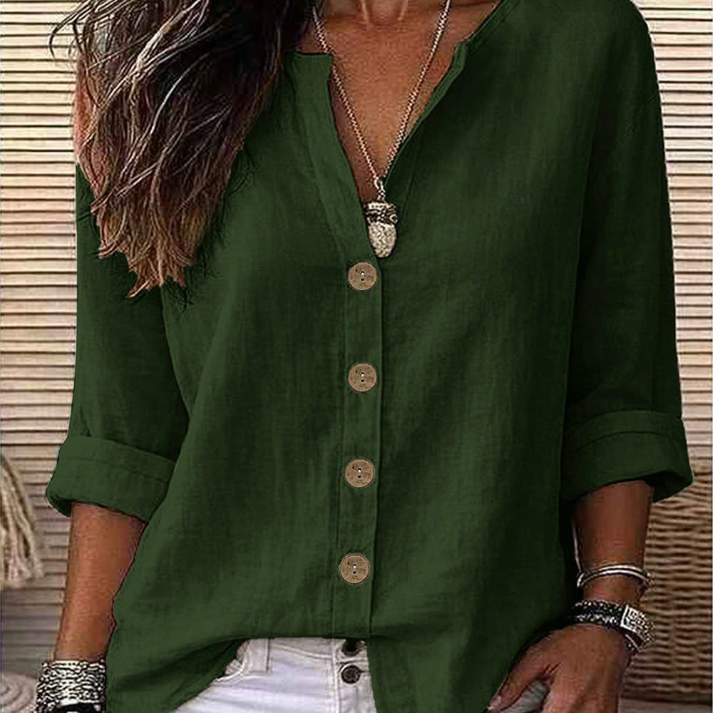 Women's V-Neck Button Front Relaxed Roll-Sleeve Blouse