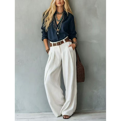 Women's Two Piece Button Down Shirt & Wide Leg Pants Set
