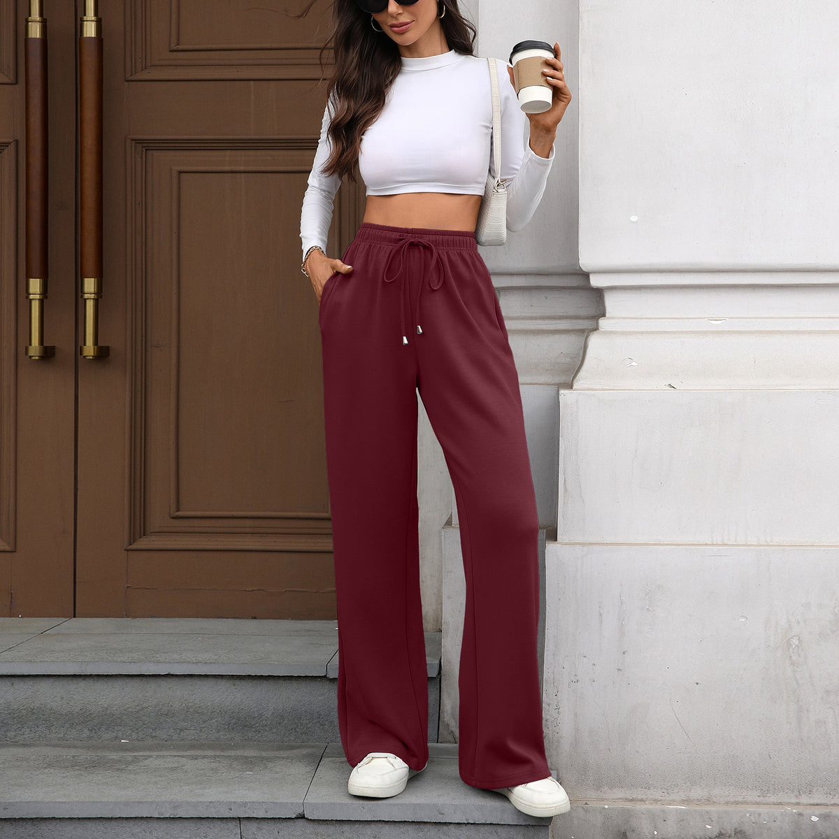 Womens Wide Leg Pants Elastic Waist Drawstring Pockets