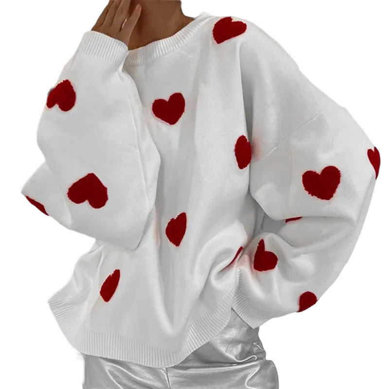 Women's Oversized Heart Embroidered Crewneck Sweater