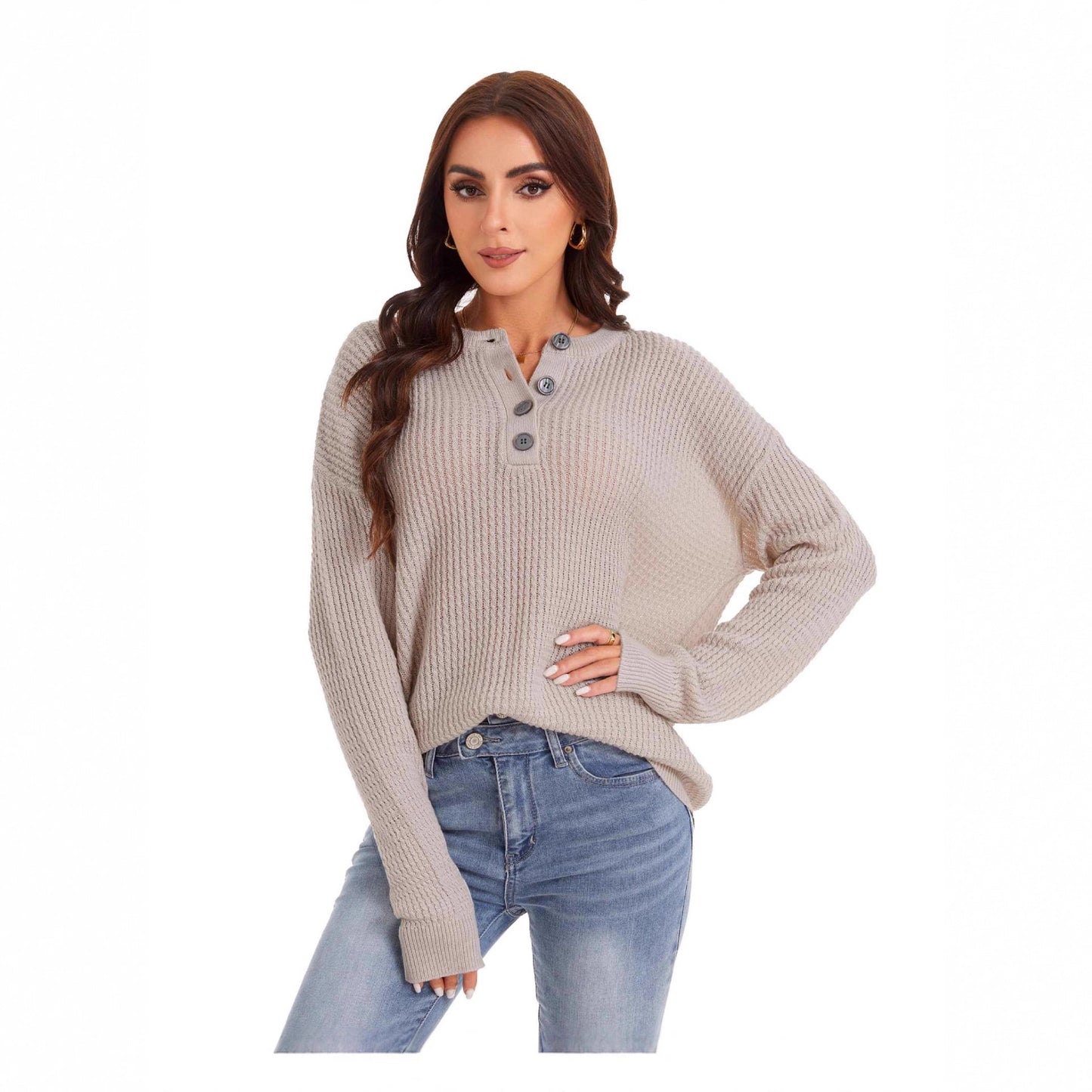 Women’s Button Henley Knit Sweater Relaxed Long Sleeve