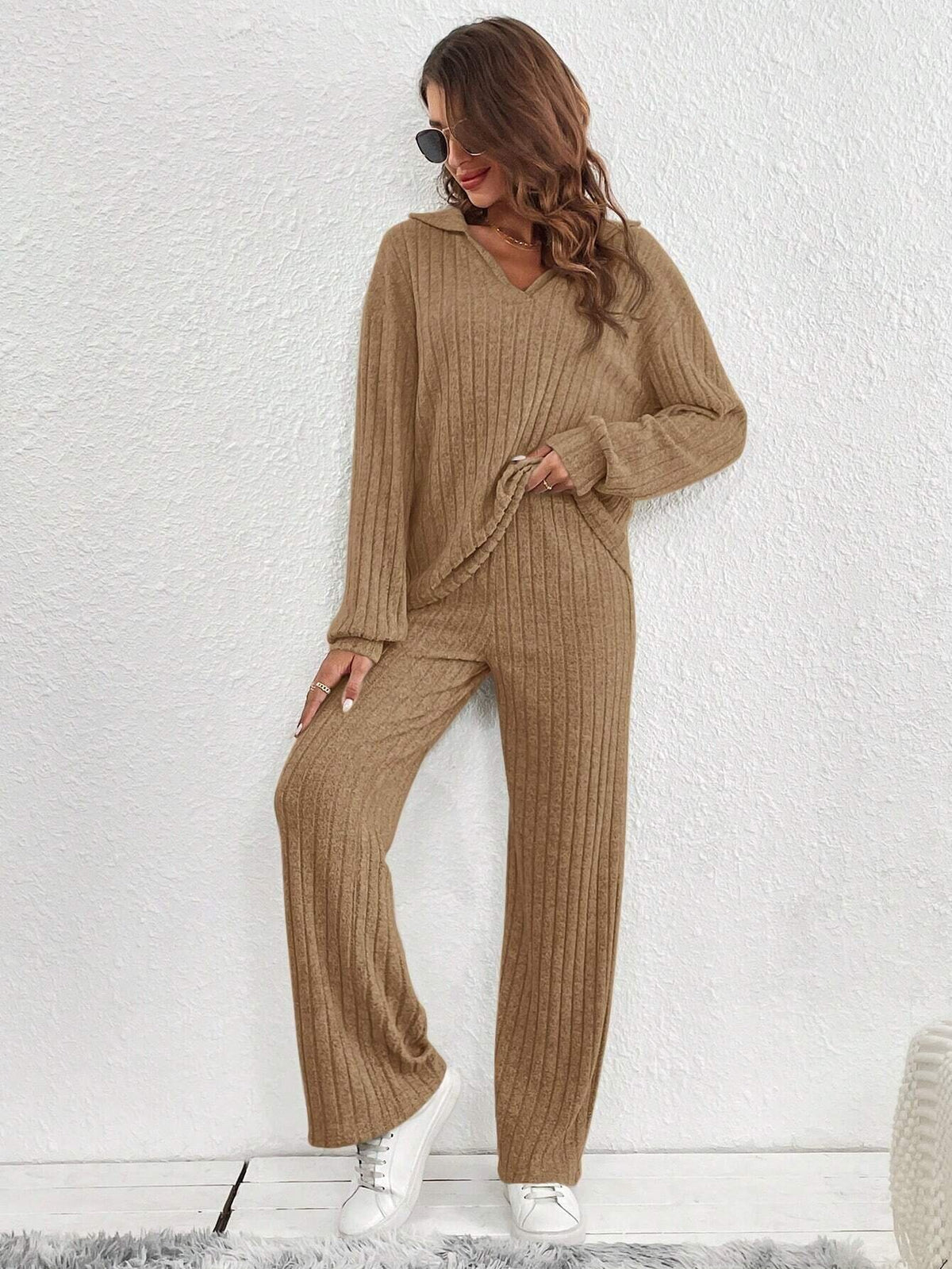 Womens Ribbed Lounge Set Long Sleeve Wide Leg Pants
