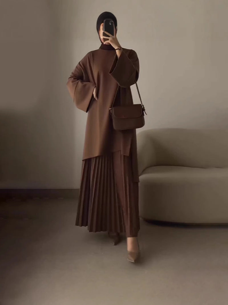 Women Oversized Sweatshirt Pleated Maxi Skirt Set