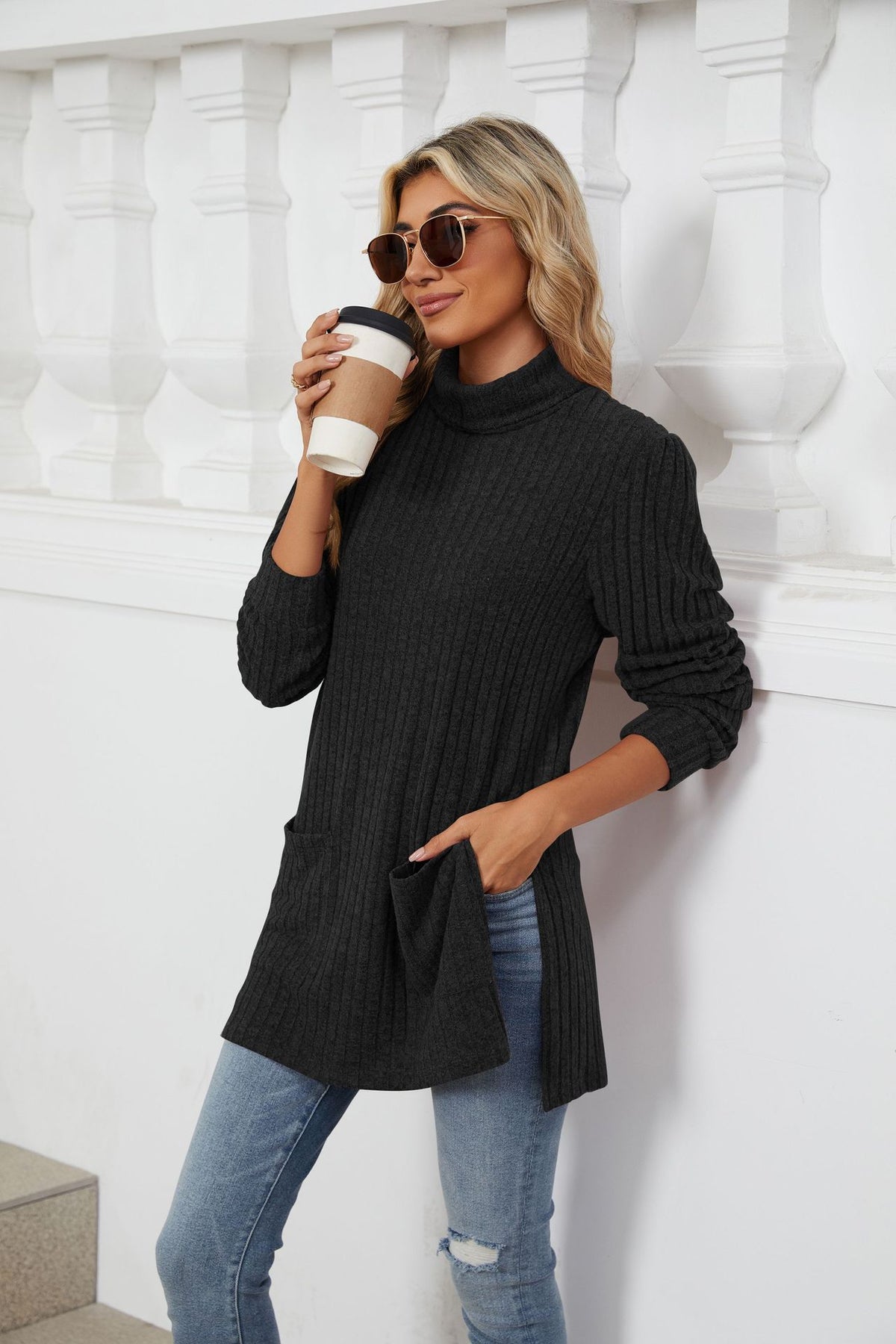 Women's Ribbed Mock Neck Long Sleeve Tunic with Pockets