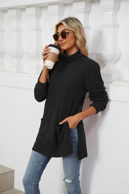 Women's Ribbed Mock Neck Long Sleeve Tunic with Pockets