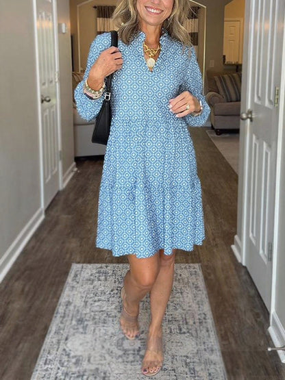 Women's Geometric V-Neck Midi Dress 3/4 Sleeve Flowy Casual