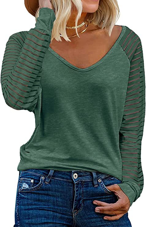 Striped Sleeve V Neck Cotton Long Sleeve Top