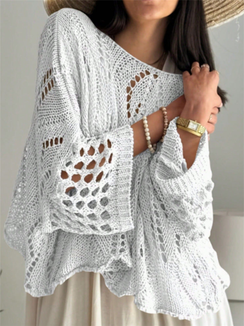 Women's Oversized Crochet Bell Sleeve Sweater Top