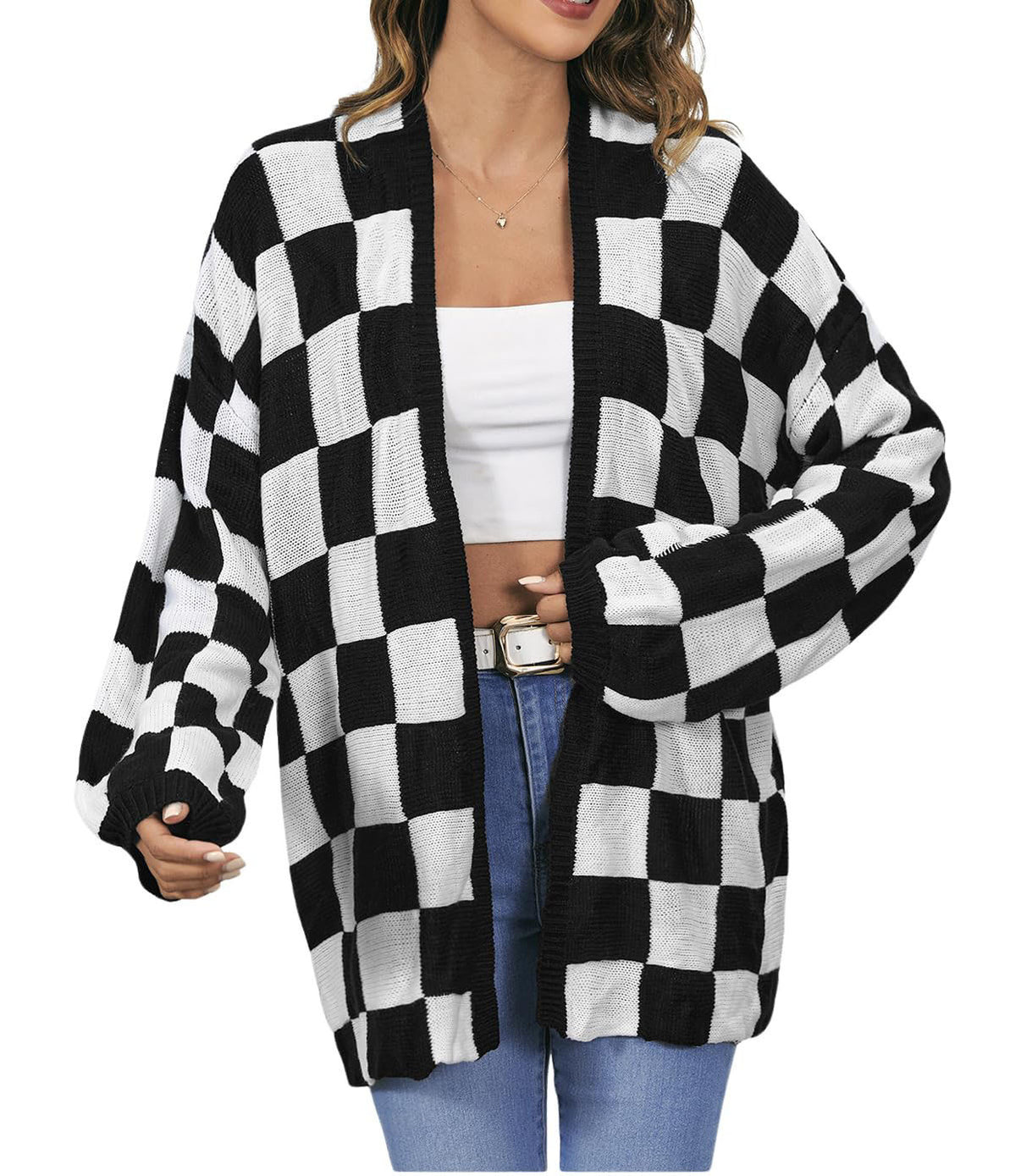 Women's Oversized Checkered Open Front Knit Cardigan