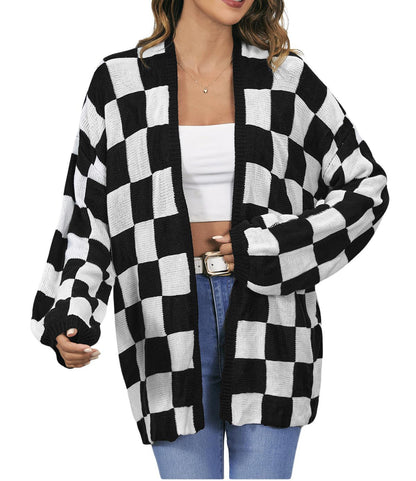 Women's Oversized Checkered Open Front Knit Cardigan