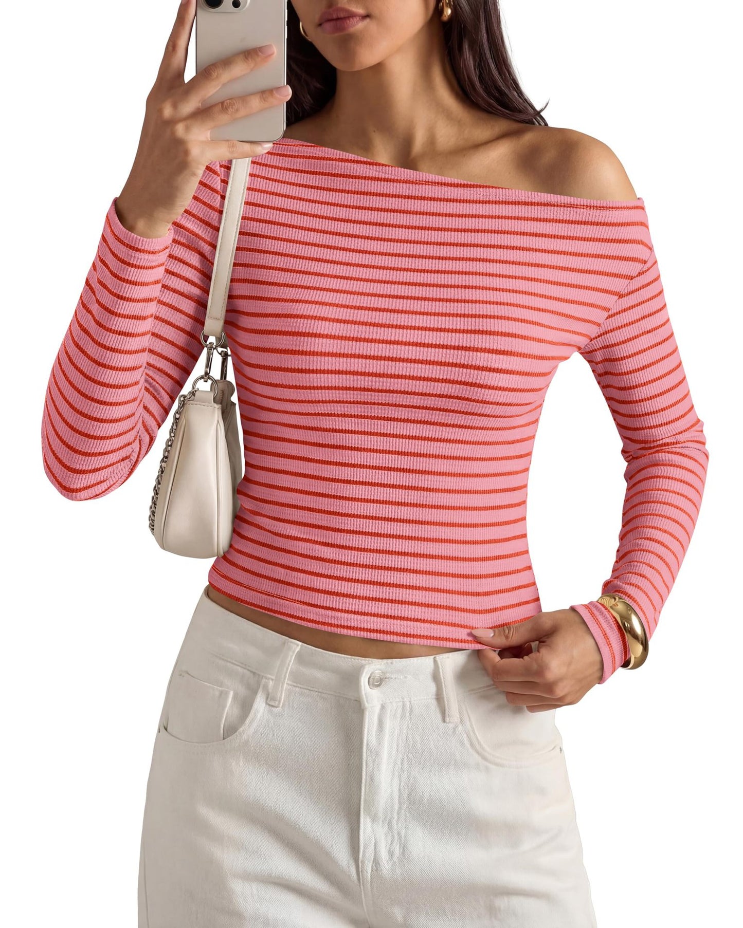 Off Shoulder Striped Long Sleeve Ribbed Knit Top Women