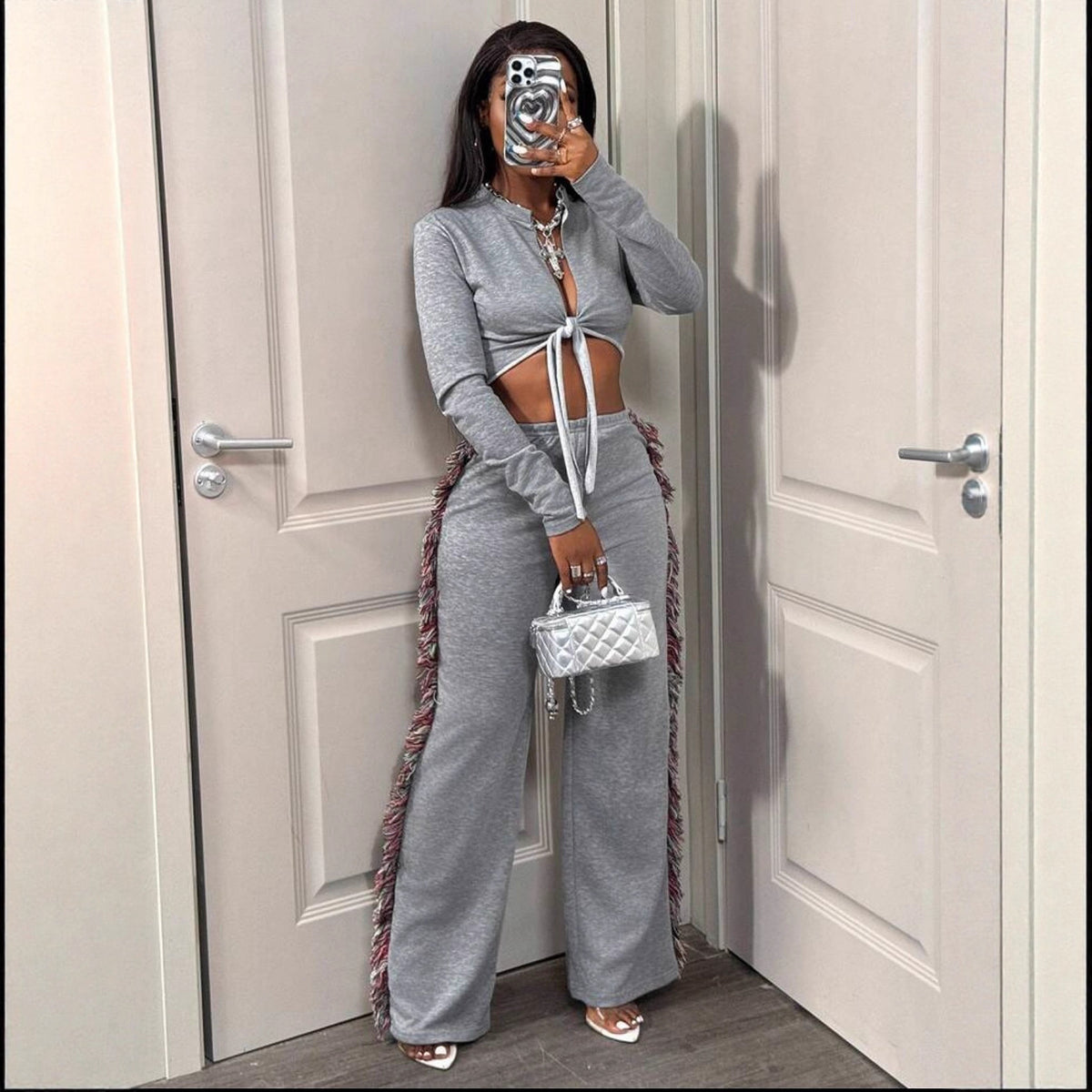 Sexy Tie Front Crop Top Fringe Wide Leg Pants Matching Set