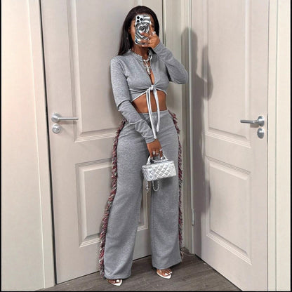 Sexy Tie Front Crop Top Fringe Wide Leg Pants Matching Set