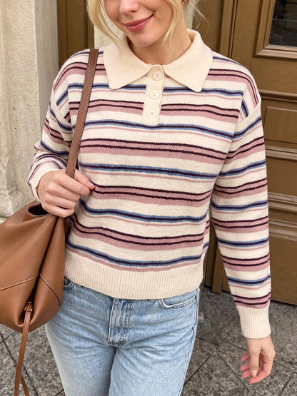 Striped Knit Polo Sweater Long Sleeve Relaxed Pullover